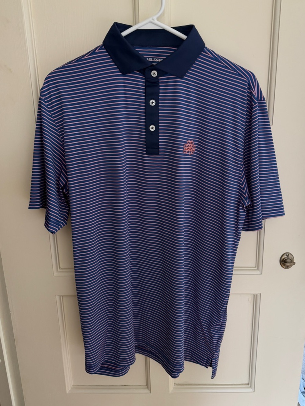 Harlestons Erin Hills Golf Course Navy Pink Stripe Polo Tailored Fit Size L